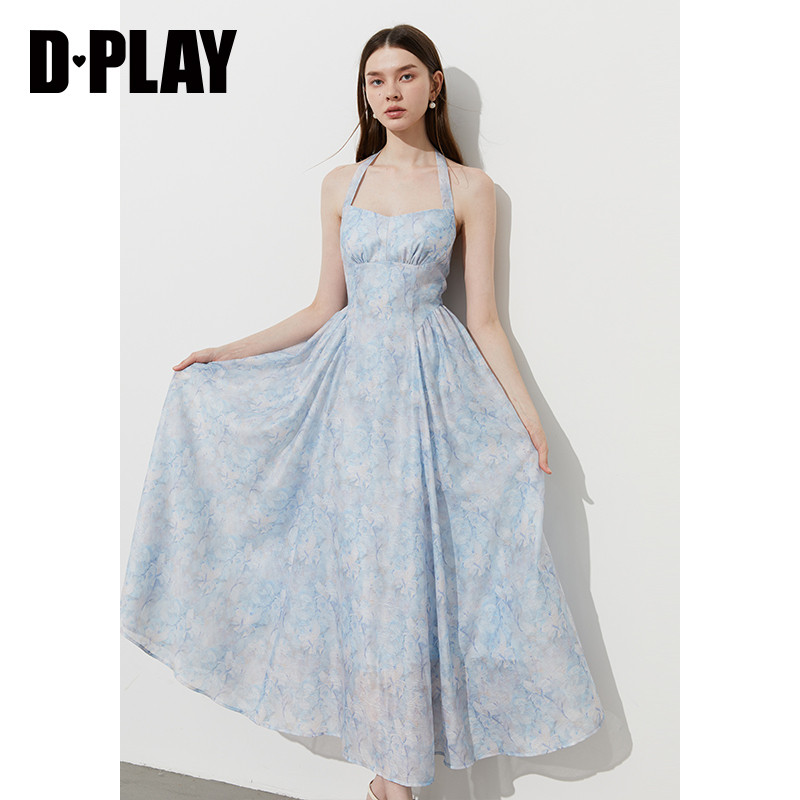 DPLAY【度假系列】2025年夏季新款蓝色挂脖连衣裙女雪纺裙子长裙,淘宝优惠券,粉丝福利购,淘宝优惠卷
