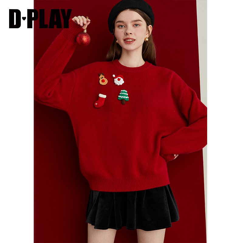 DPLAY年冬季新款红色毛衣女100羊毛新年本命年针织衫加厚上衣 - 图0