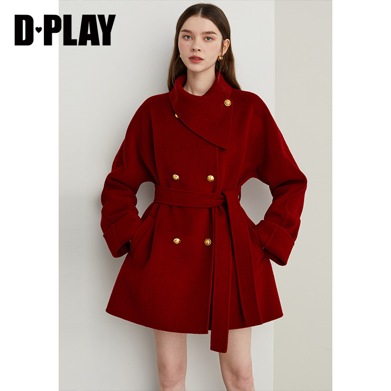 DPLAY新年战袍100羊毛红色大衣女冬季新款高级短款小个子毛呢外套,淘宝优惠券,粉丝福利购,淘宝优惠卷