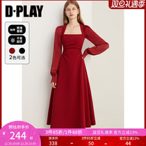 DPLAY French style retro red dress nepotism dress Dress Wedding dress Back to door Toast National Wind Long Dress