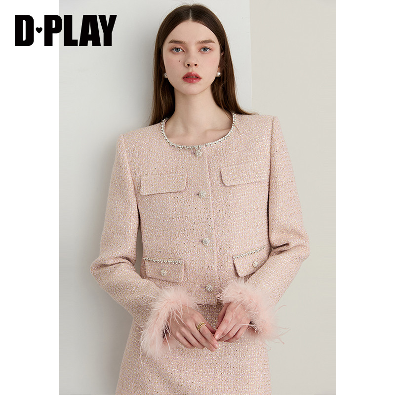 DPLAY【黑标】2025年冬季新款粉色小香风短外套女流行短款上衣,淘宝优惠券,粉丝福利购,淘宝优惠卷