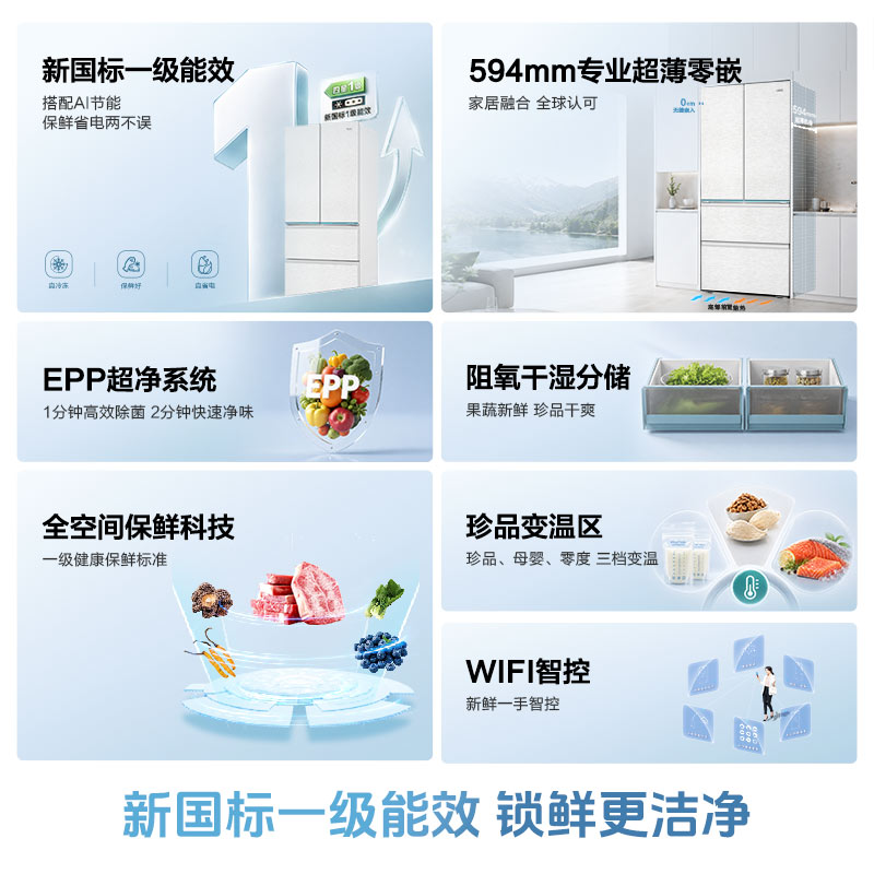 海尔485L法式双开四门零嵌入式594mm超薄家用风冷无霜电冰箱一级