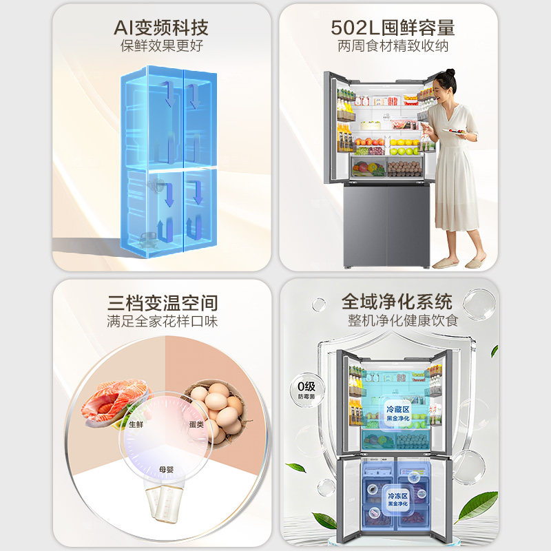 海尔小红花502L十字四开门风冷无霜大容量保鲜超薄一级能效电冰箱