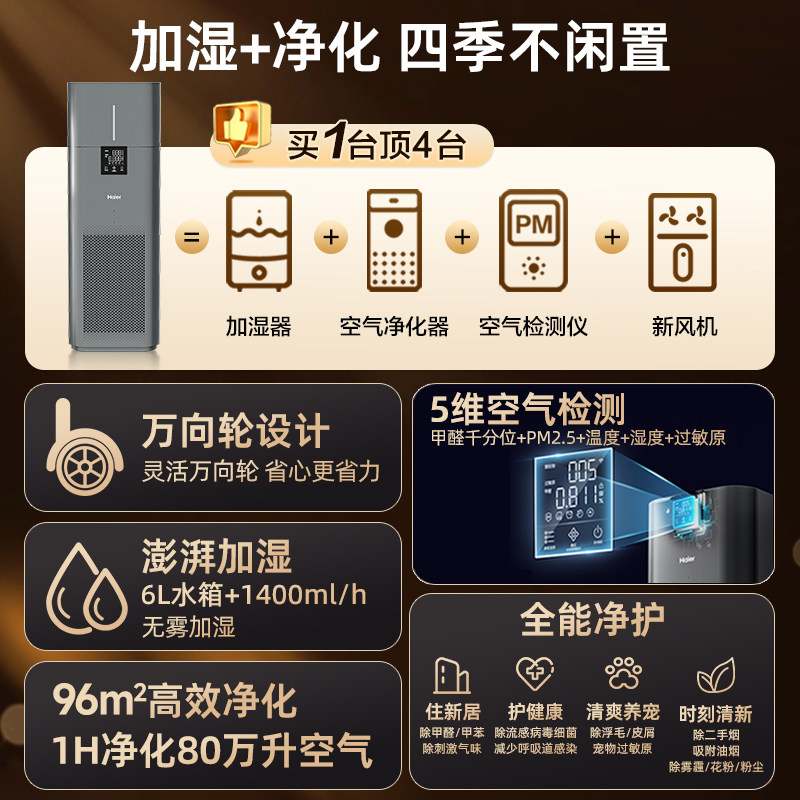 【新品】海尔加湿空气净化器一体机家用除甲醛菌猫过敏原无雾轻音