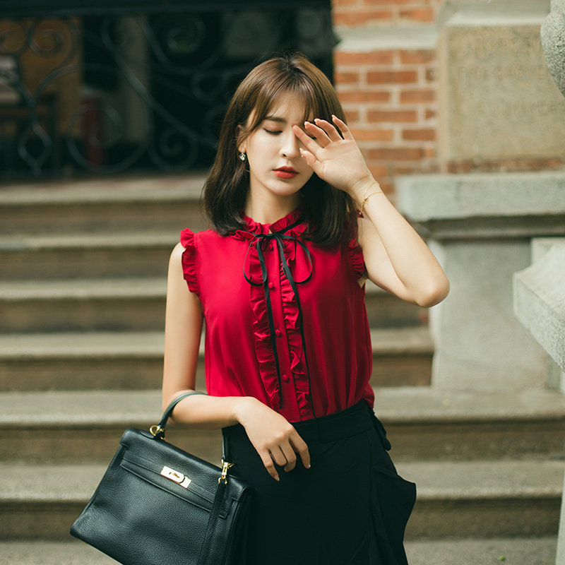 雪纺衫无袖新款韩版夏季洋气潮衬衫 公主的告白蕾丝衫/雪纺衫