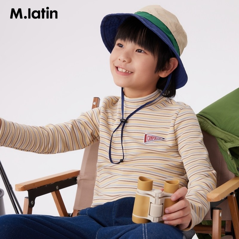 马拉丁童装儿童T恤23冬装新款男童女童大童半高领条纹德绒长袖T恤,淘宝优惠券,粉丝福利购,淘宝优惠卷