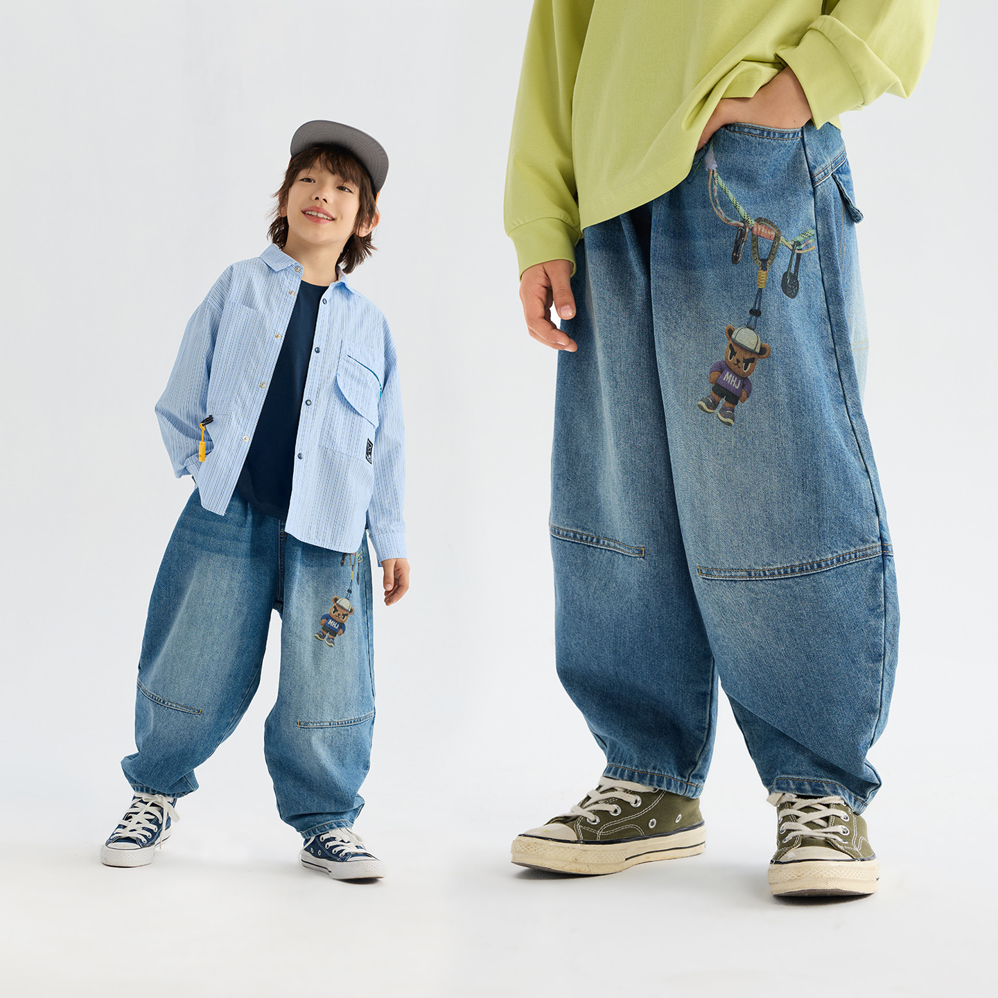 MANHOJIA【小熊定番裤】儿童软牛仔春新品水洗做旧松弛印花牛仔裤,淘宝优惠券,粉丝福利购,淘宝优惠卷