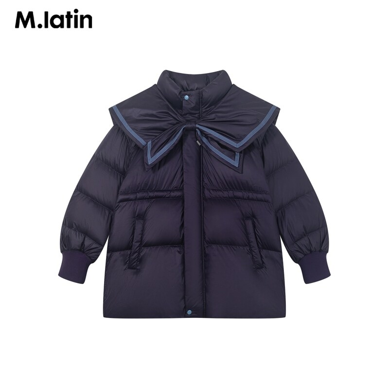 马拉丁童装羽绒服23冬新款女大童三防学院风收腰可调节中长羽绒服