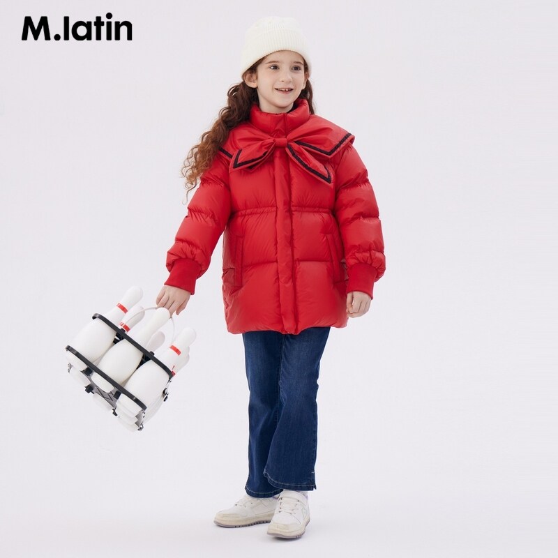 马拉丁童装羽绒服23冬新款女大童三防学院风收腰可调节中长羽绒服