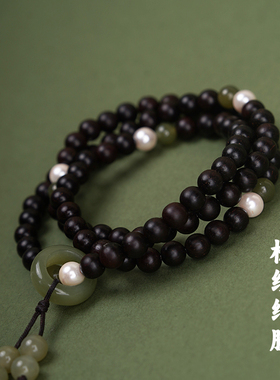 印度小叶紫檀金星多圈手串女文玩原木佛珠原创复古和田玉贝珠手链