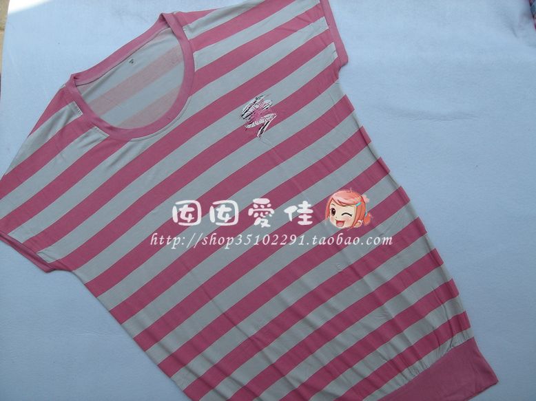 清仓！三枪女式舒木尓印花横条收摆圆领短袖女睡裙70172A0瑕疵品 - 图0