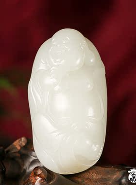 新疆和田玉黄皮一级白玉籽玉把件欢喜弥勒106.1克天然籽料