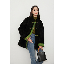 Mijia Good Quality Jiangnan Temperament Beauty New Chinese Charm Bamboo Green Silk Satin Splicing Sheep Lamb Fur Coat