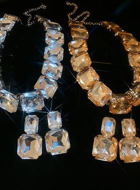 欧美夸张方形夸张镶钻项链耳环