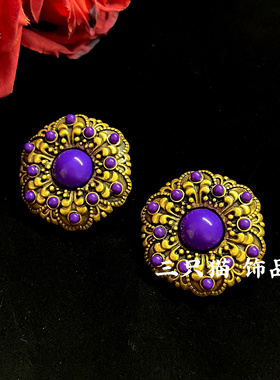 中古风Vintage复古宫廷风紫色耳钉女高级感小众设计银针