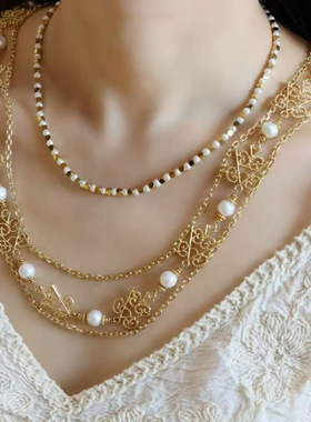 法式复古镂空珍珠多层项链