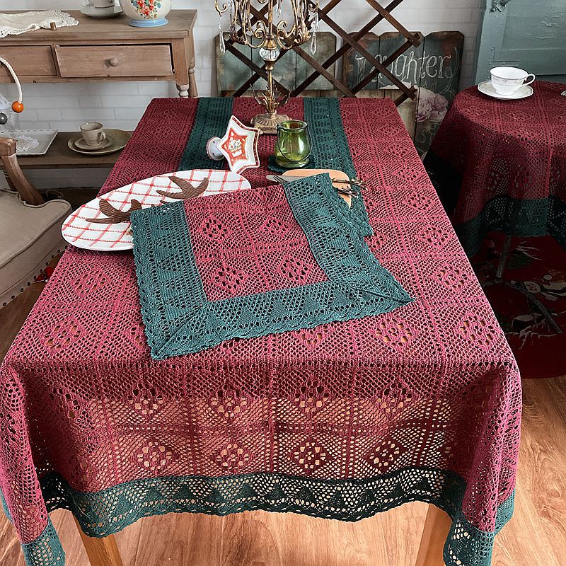 复古圣诞桌布棉线镂空红绿桌旗装饰餐桌布茶几盖巾五斗柜电视柜布
