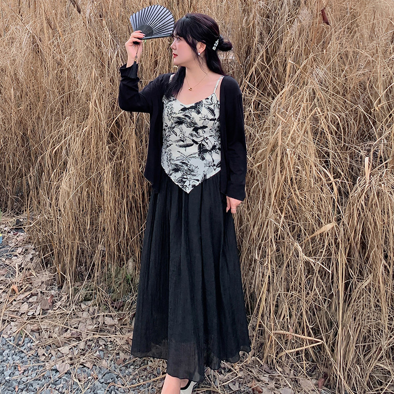 春季新品大码女装200斤胖mm设计感国风三件套装中式吊带开衫半裙,淘宝优惠券,粉丝福利购,淘宝优惠卷