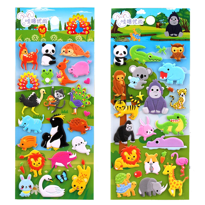 儿童可爱卡通立体贴画stickers幼儿园奖励小粘贴纸动物汽车恐龙_虎窝淘