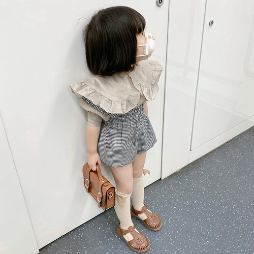特价春夏女童经典千鸟格背带裤复古荷叶领中袖衬衫上衣短裤子 - 图1