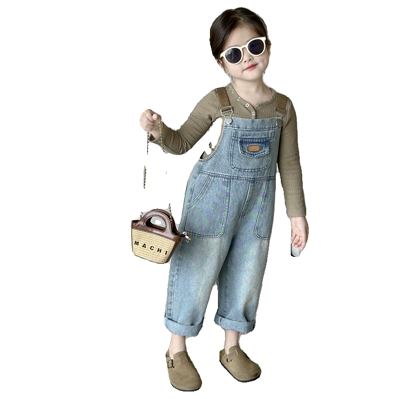 女童秋款2025新款套装童装秋装宝宝衣服打底衫复古做旧牛仔背带裤 - 图3