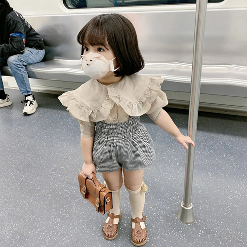 特价春夏女童经典千鸟格背带裤复古荷叶领中袖衬衫上衣短裤子 - 图2