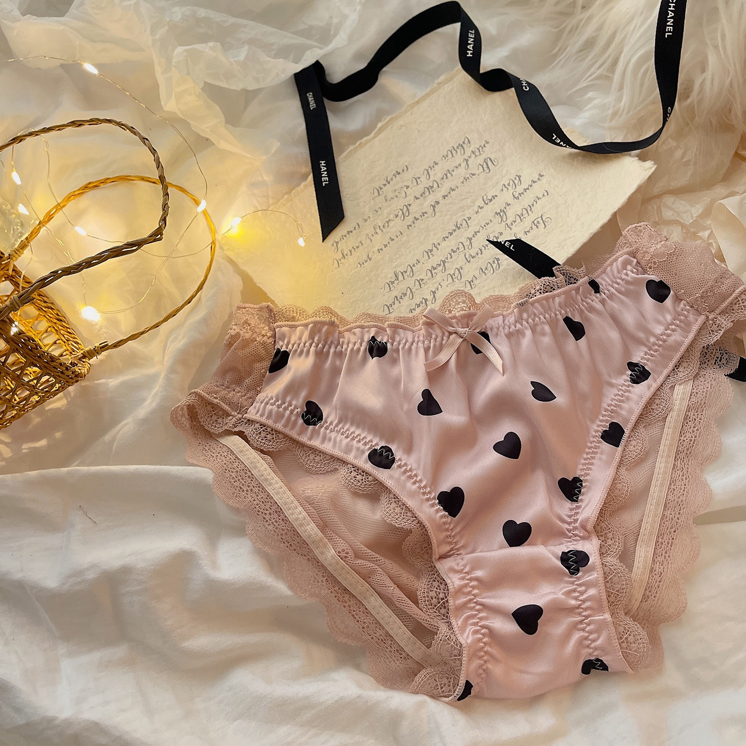 热恋甜心~甜美爱心绸缎柔软短裤性感黑色纯欲蕾丝花边少女内裤,淘宝优惠券,粉丝福利购,淘宝优惠卷