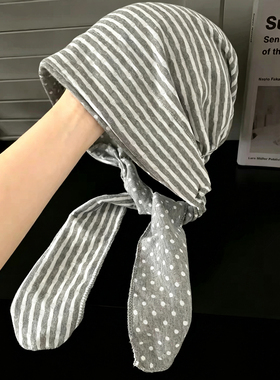 波点条纹双面戴个性飘带头巾帽子女秋冬季氛围感百搭显脸小堆堆帽