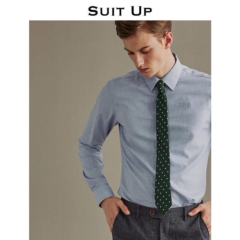 蓝色长袖男商务休闲新郎结婚衬衫 休塔衬衫