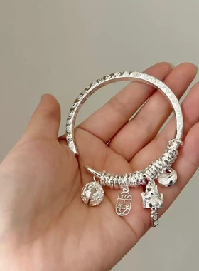 新中式平安招财猫铃铛盘碎银手镯苗族服装手饰百搭复古古风手串