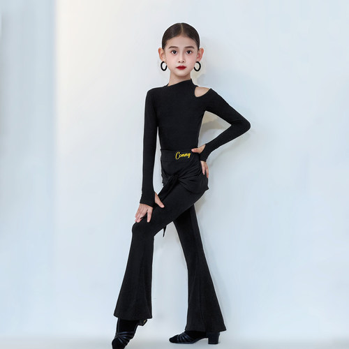 CONNY拉丁舞训练服女儿童日常舞蹈练功服长裤微喇叭长袖上衣套装 - 图2