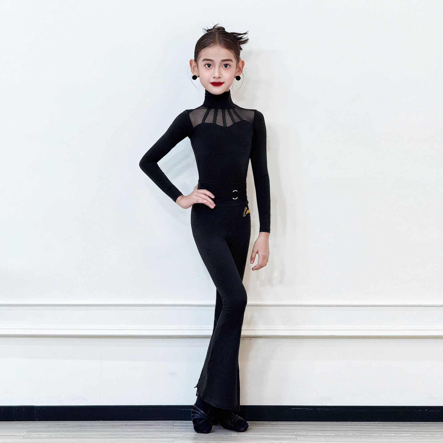 CONNY拉丁舞服女日常跳舞蹈练功服儿童喇叭长裤网纱上衣长袖套装,淘宝优惠券,粉丝福利购,淘宝优惠卷