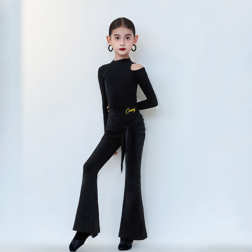 CONNY拉丁舞训练服女儿童日常舞蹈练功服长裤微喇叭长袖上衣套装 - 图0
