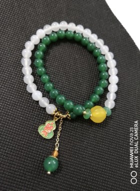 国风绿白玛瑙手链女设计招财转运葫芦吊坠6mm手串双层民族风礼物