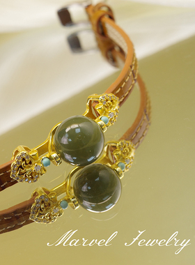 Marvel Jewelry原创天然和田玉湖水绿手链轻奢设计真皮表带手饰女