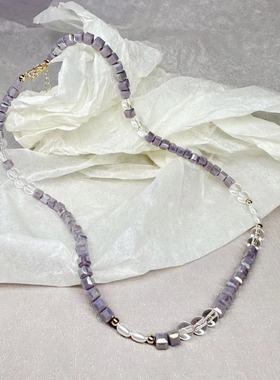 原创设计紫色方糖淡水珍珠串珠项链通透薰衣草色小众高级