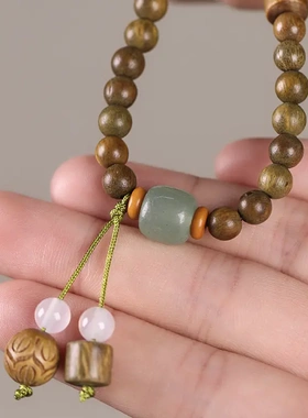 绿檀文艺古风双圈手链DIY编织苍翠欲滴手串念珠配搭桶珠男女文玩