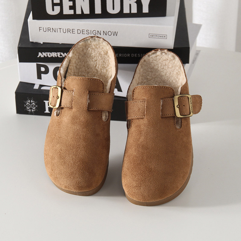 秋冬复古反绒面加绒勃肯鞋懒人一脚蹬平底包头拖鞋半包棉拖鞋女潮,淘宝优惠券,粉丝福利购,淘宝优惠卷