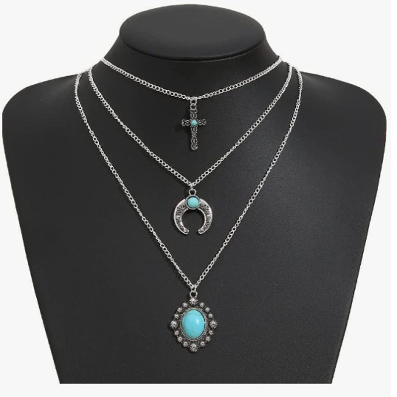 明星同款项链多层装饰链绿松石流苏串珠十字架长款挂件男女毛衣链