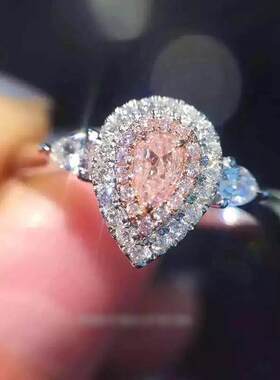 冰爵wish热卖裸彩粉锆石女款订婚戒指水滴形微镶满钻真梨形钻戒