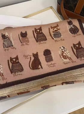 猫咪控咖色奶茶色双面仿羊绒围巾
