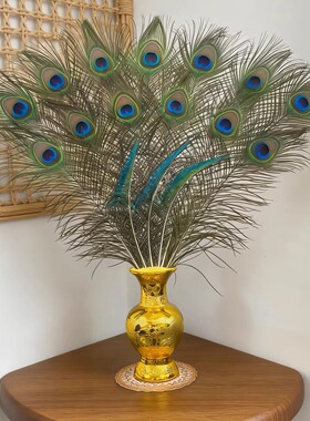 招财孔雀开屏真孔雀翎毛花瓶摆件