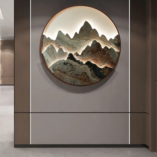 新中式玄关氛围灯高级感装饰画客厅沙发背景墙圆形茶室岩板壁画灯 - 图0