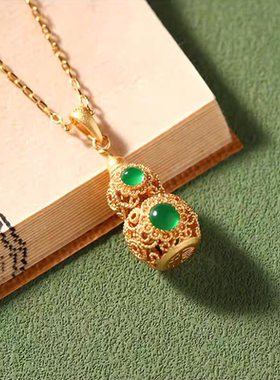 国潮花丝绿玉髓绿百搭吊坠葫芦锁骨链新中式百搭精致镂空葫芦气质