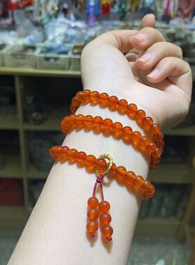 精品玛瑙圆珠多圈佛珠大气礼物高级本命年手饰流苏橙色三圈珠串