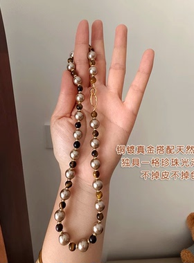 混彩珍珠天然石加珍珠女项链