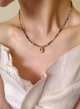 钛钢虎眼石方糖珠女小众百搭项链