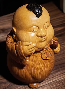 创意地主家的傻儿子中式装饰摆件仿竹根木雕塑人物高端古风工艺品