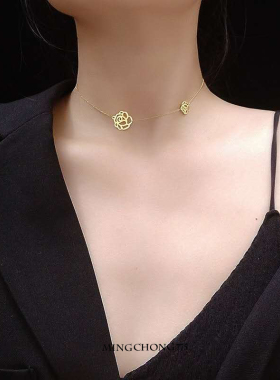 优雅镂空山茶花项链女玫瑰花简约