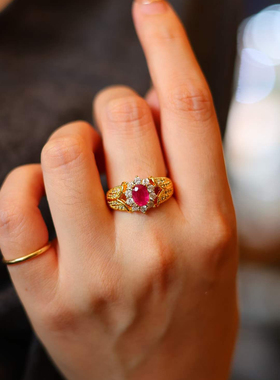 订单余量 黄铜镀24K金 重工细工红宝石锆石戒指